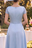 A-Line Blue Round Neck Floral Midi Mother of the Bride Dress