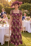 Burgundy Square Neck Floral Midi Mother of the Bride Dress with Belt