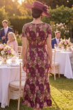 Burgundy Square Neck Floral Midi Mother of the Bride Dress with Belt