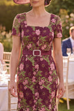 Burgundy Square Neck Floral Midi Mother of the Bride Dress with Belt