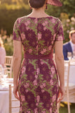 Burgundy Square Neck Floral Midi Mother of the Bride Dress with Belt