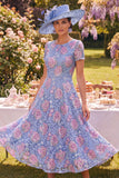Blue Round Neck Floral Midi Mother of the Bride Dress with Lace