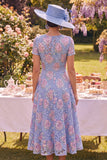 Blue Round Neck Floral Midi Mother of the Bride Dress with Lace