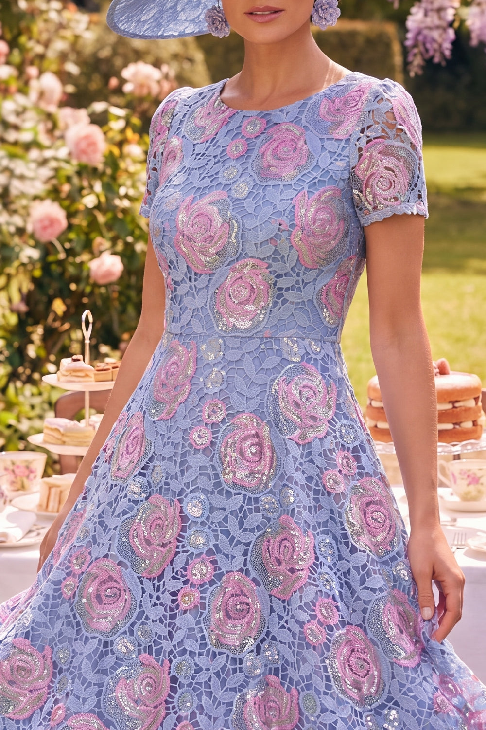 Zapaka Women Blue Mother Of the Bride Dress with Lace Round Neck Floral