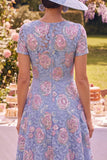 Blue Round Neck Floral Midi Mother of the Bride Dress with Lace