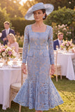 Grey Blue Lace Square Neck Floral Midi Mother of the Bride Dress with Belt