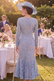 Grey Blue Lace Square Neck Floral Midi Mother of the Bride Dress with Belt