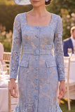 Grey Blue Lace Square Neck Floral Midi Mother of the Bride Dress with Belt
