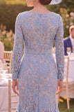Grey Blue Lace Square Neck Floral Midi Mother of the Bride Dress with Belt