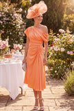 One Shoulder Orange Ruched Midi Mother of the Bride Dress