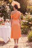 One Shoulder Orange Ruched Midi Mother of the Bride Dress