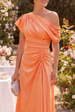 One Shoulder Orange Ruched Midi Mother of the Bride Dress