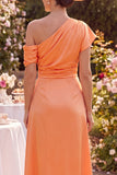 One Shoulder Orange Ruched Midi Mother of the Bride Dress