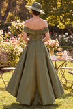 Off the Shoulder Olive A-Line Ruched Mother of the Bride Dress