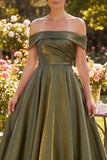 Off the Shoulder Olive A-Line Ruched Mother of the Bride Dress