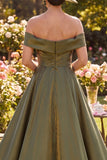 Off the Shoulder Olive A-Line Ruched Mother of the Bride Dress