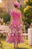 Fuchsia A-Line One shoulder Floral Long Mother of the Bride Dress with Bow