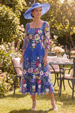 Royal Blue A-Line Square Neck Floral Midi Mother of the Bride Dress