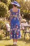 Royal Blue A-Line Square Neck Floral Midi Mother of the Bride Dress