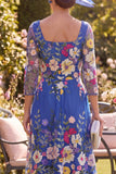 Royal Blue A-Line Square Neck Floral Midi Mother of the Bride Dress
