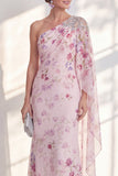 Lilac One Shoulder Chiffon Floral Mermaid Long Mother Of the Bride Dress with Side Cape