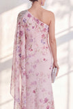 Lilac One Shoulder Chiffon Floral Mermaid Long Mother Of the Bride Dress with Side Cape