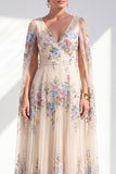 Champagne Floral A-Line Pleated V-Neck Long Mother Of the Bride Dress with Long Sleeves