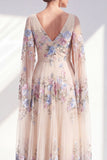 Champagne Floral A-Line Pleated V-Neck Long Mother Of the Bride Dress with Long Sleeves