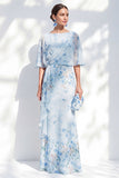 Blue Floral Bateau Neck Chiffon Sheath Long Mother Of the Bride Dress with Half Sleeves