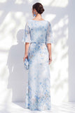 Blue Floral Bateau Neck Chiffon Sheath Long Mother Of the Bride Dress with Half Sleeves
