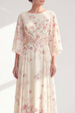 A-Line Apricot Floral Bateau Neck Long Mother Of the Bride Dress with Half Sleeves