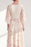A-Line Apricot Floral Bateau Neck Long Mother Of the Bride Dress with Half Sleeves