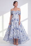 A-Line Blue Flower Off the Shoulder High Low Mother Of the Bride Dress