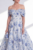 A-Line Blue Flower Off the Shoulder High Low Mother Of the Bride Dress