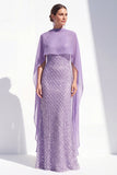 Mermaid Purple Halter Neck Beaded Long Mother Of the Bride Dress with Cape