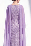 Mermaid Purple Halter Neck Beaded Long Mother Of the Bride Dress with Cape