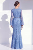 Mermaid Blue Round Neck Beaded Long Mother Of the Bride Dress with Long Sleeves