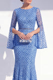 Mermaid Blue Round Neck Beaded Long Mother Of the Bride Dress with Long Sleeves