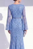 Mermaid Blue Round Neck Beaded Long Mother Of the Bride Dress with Long Sleeves