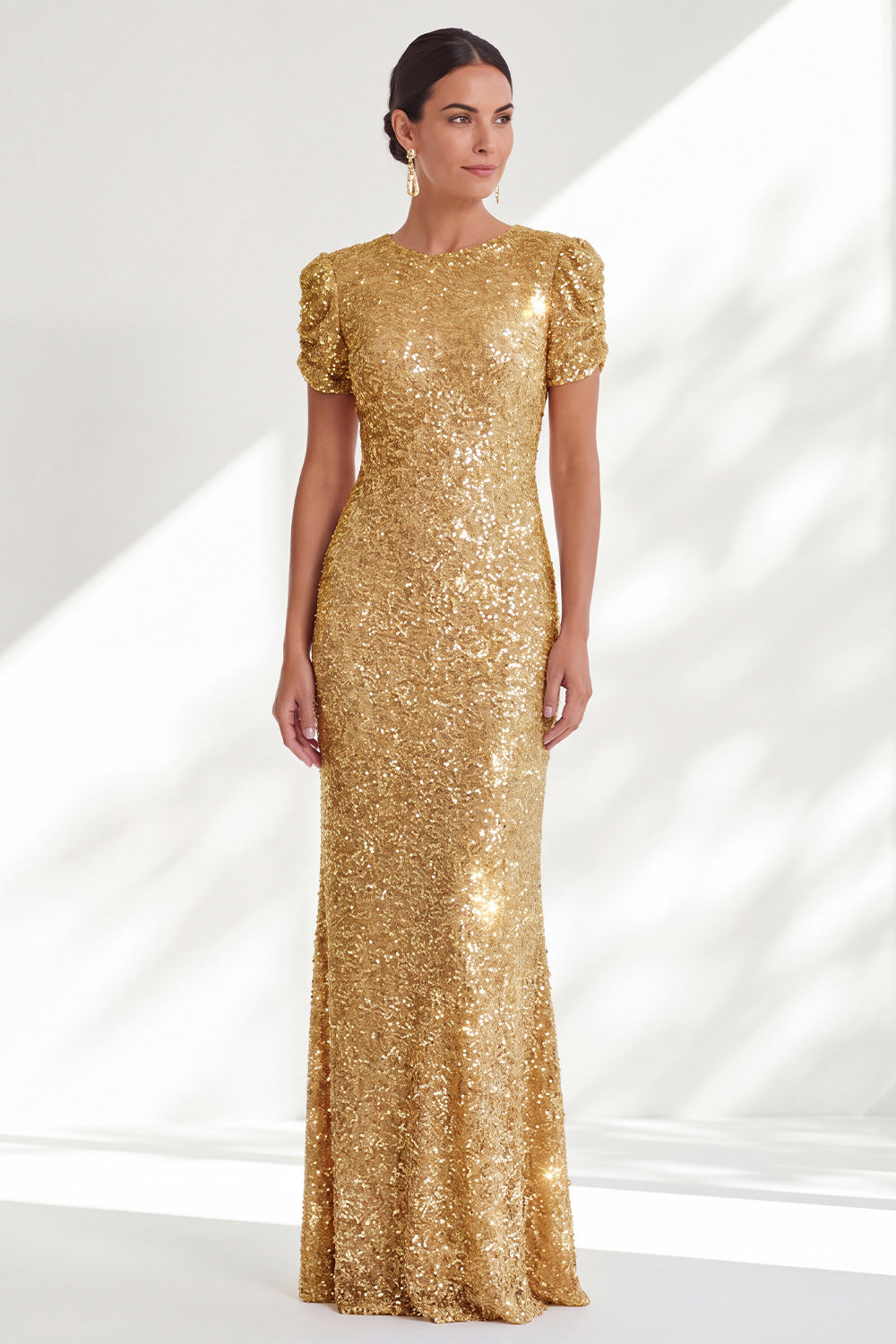 Zapaka Women Golden Mermaid Mother Of the Bride Dress with Short Sleeves Sparkly Round Neck Sequins Long Wedding Guest Dress ZAPAKA Zapaka Women Golden Mermaid Mother Of the Bride Dress with Short Sleeves Sparkly Round Neck Sequins Long Wedding Guest Dress ZAPAKA