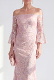 Sparkly Mermaid Blush Off the Shoulder Sequins Long Mother Of the Bride Dress
