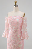 Sparkly Blush Off the Shoulder Sequins Embroidery Mermaid Formal Dress with 3/4 Sleeves