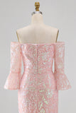 Sparkly Blush Off the Shoulder Sequins Embroidery Mermaid Formal Dress with 3/4 Sleeves