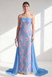Sparkly Mermaid Blue Strapless Sequins Long Mother Of the Bride Dress with Cape