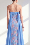 Sparkly Mermaid Blue Strapless Sequins Long Mother Of the Bride Dress with Cape