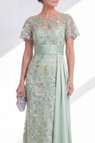 Green Mermaid Round Neck Floral Long Mother Of the Bride Dress with Sash