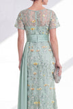 Green Mermaid Round Neck Floral Long Mother Of the Bride Dress with Sash