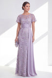Lilac Mermaid Round Neck Floral Long Mother Of the Bride Dress with Sash