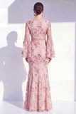 Blush Mermaid Round Neck Floral Long Mother Of the Bride Dress with Long Sleeves
