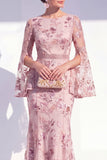 Blush Mermaid Round Neck Floral Long Mother Of the Bride Dress with Long Sleeves